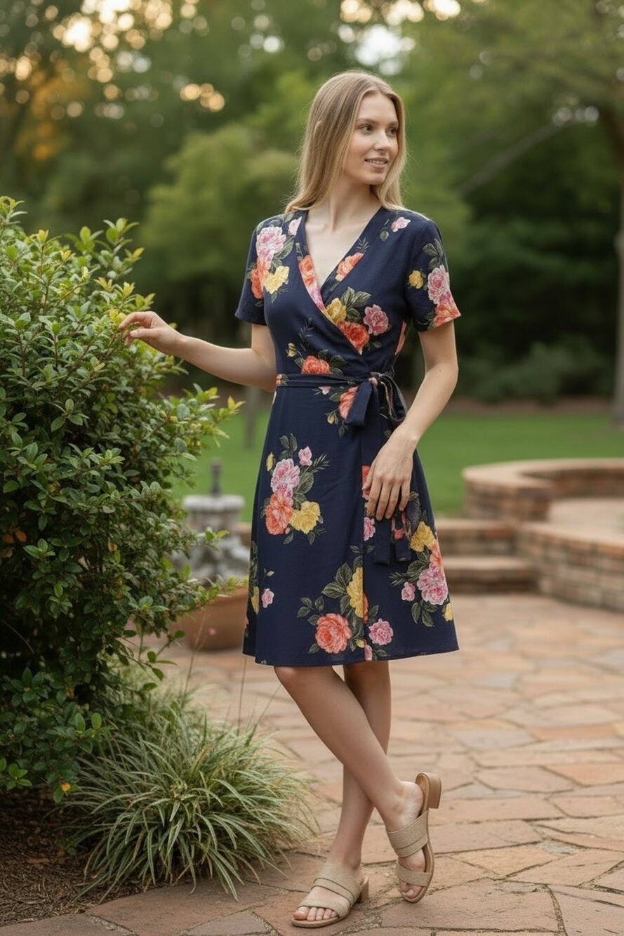 NWT Old Navy Short Sleeve Women's Wrap Dress Size L Navy and Floral Feminine